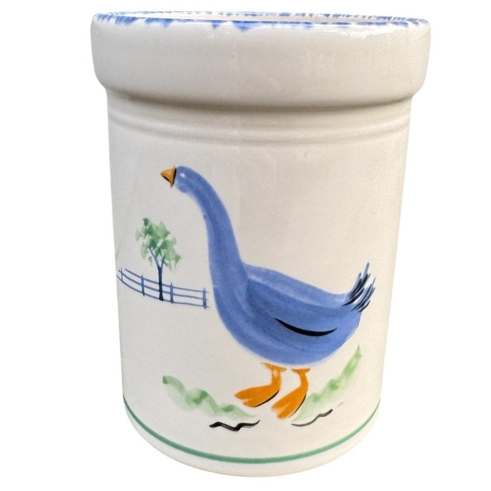 Pfaltzgraff Sunnydale utensil crockpot blue goose sponge design vintage 1990s
